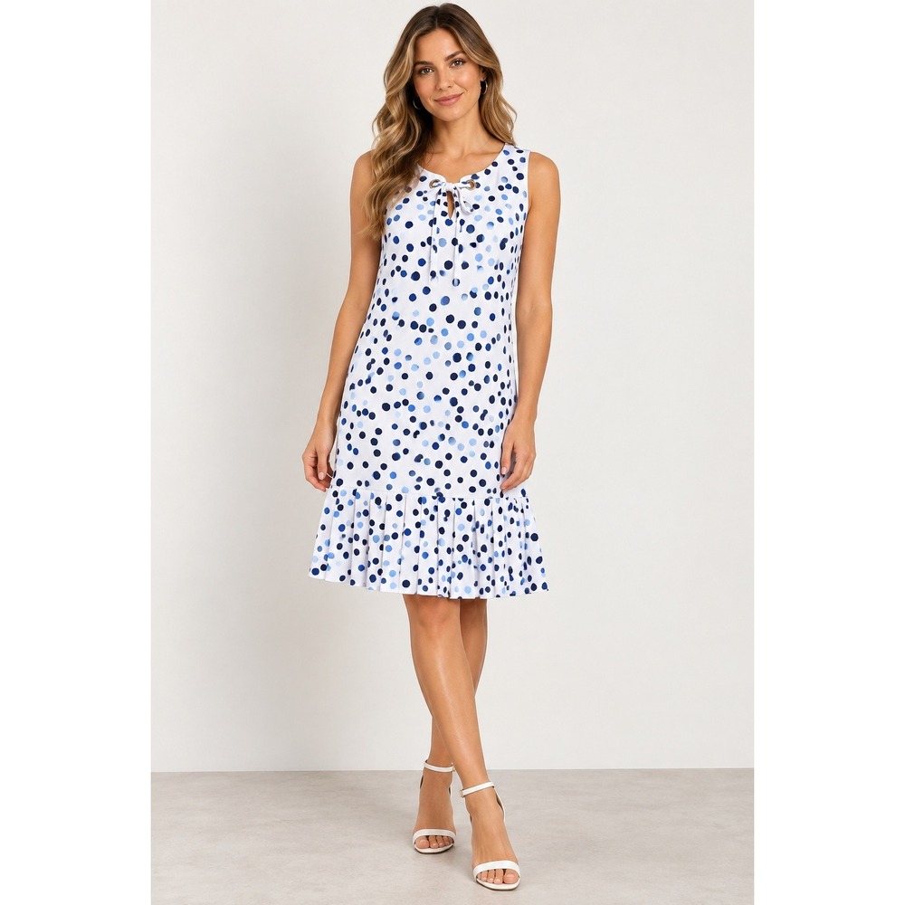 DKNY Womens Blue Polka Dot Tie Neck Pleated Flounce Hem Dress Size 10